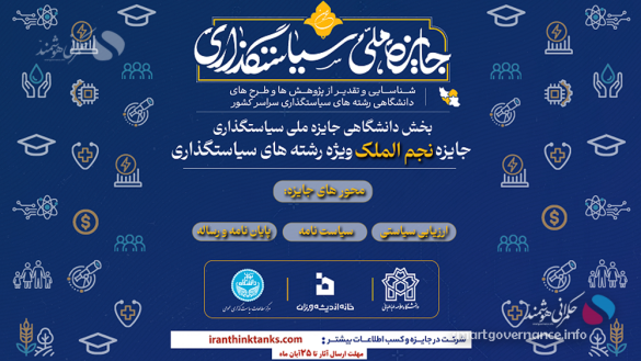 نجم الملک - فراخوان جایزه «نجم‌الملک» ویژه دانشجویان سیاست‌گذاری و حکمرانی - حکمرانی هوشمند نخستین دوره جایزه دانشگاهی «نجم‌الملک» با هدف تقویت ارتباط میان پژوهش‌های دانشگاهی و عرصه سیاست‌گذاری و تصمیم‌سازی کشور برگزار می‌شود. این رویداد به‌عنوان بخش ویژه جایزه ملی سیاست‌گذاری و با مشارکت خانه اندیشه‌ورزان، دانشگاه علامه طباطبایی و دانشگاه تهران، زمینه شناسایی و حمایت از آثار مسئله‌محور دانشجویان حوزه سیاست‌گذاری و حکمرانی را فراهم می‌کند.